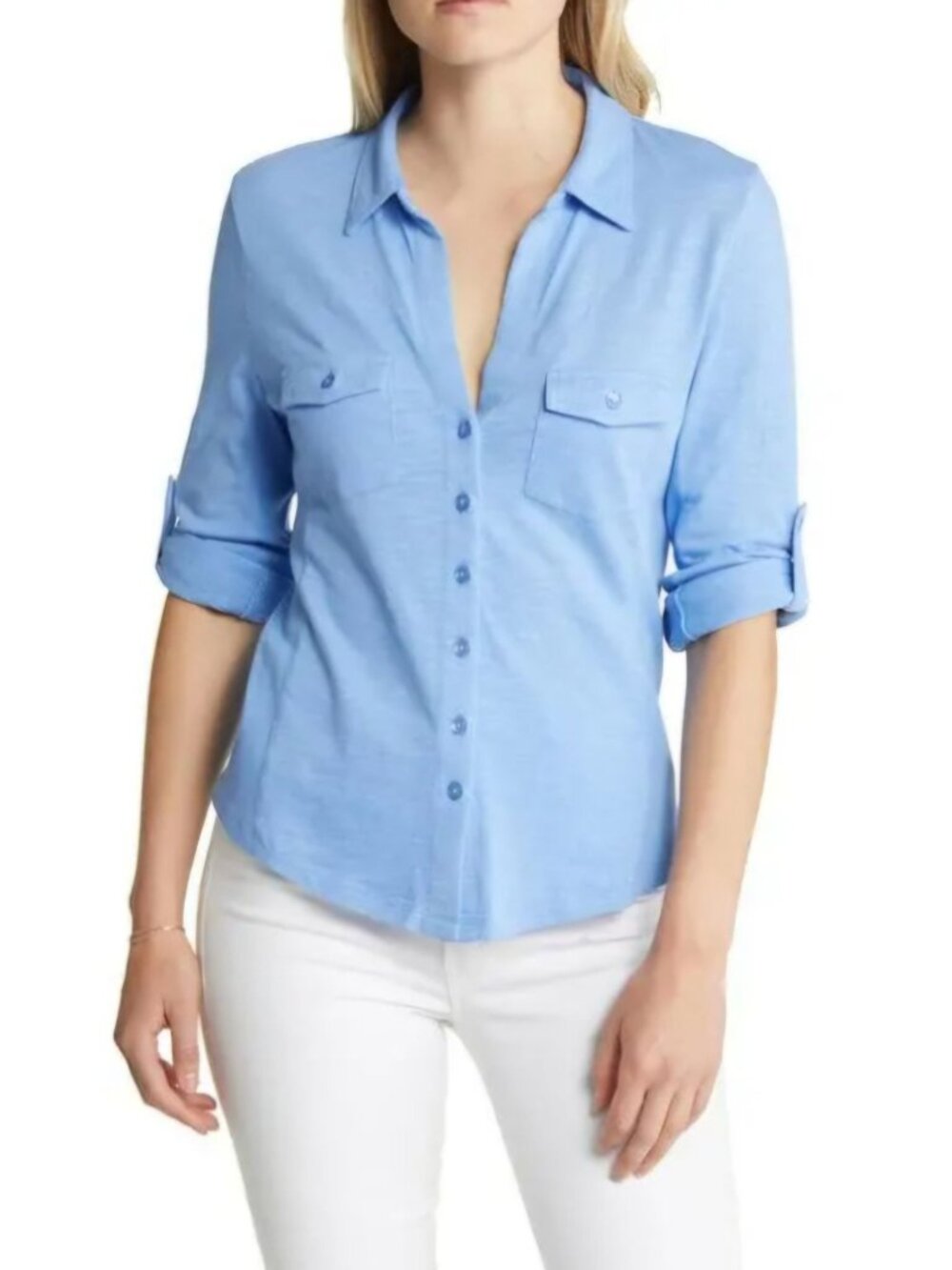 Casalon Button Roll Tab Sleeve Casual Jersey Ribbed Blue Blouse Size M